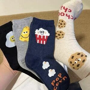 Set of‎ 4 Cute Food-Themed Socks - Cookie, Popcorn, Cheese, Fried egg - new